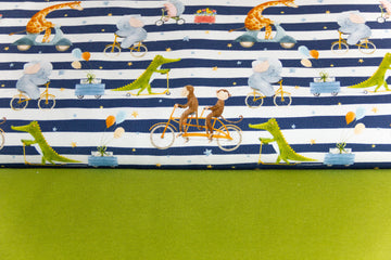 Stoffpaket French Terry + Bündchen "Zootiere auf dem Fahrrad", weiß, khaki